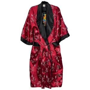 ROSE Traditional Asian KIMONO ROBE REVERSIBLE Red Black DRAGON Embroidery OS